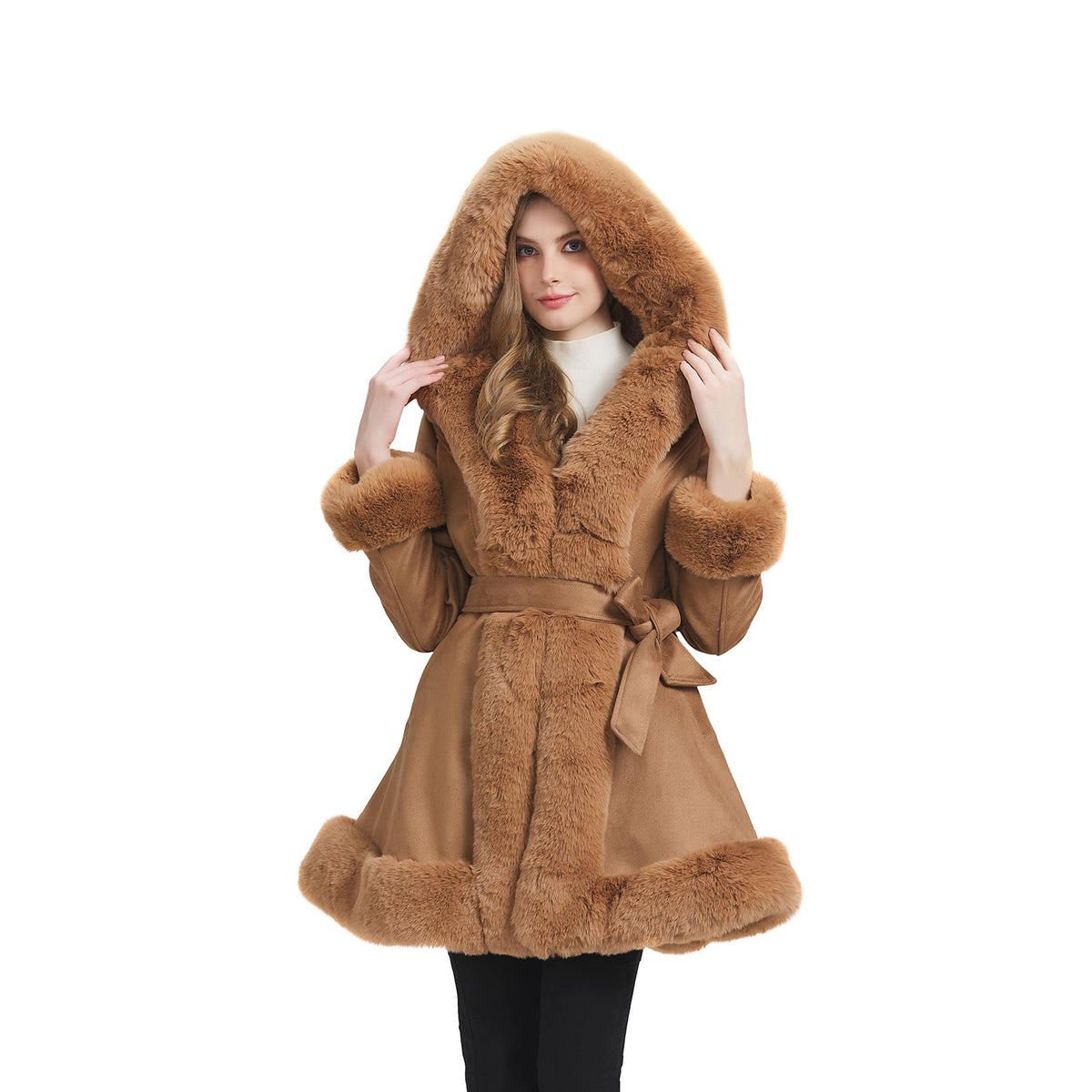 GRAN ORIENTE Beige Suede Jacket for Women with Faux Fur Collar,Long Sleeve Warm Winter Parka Coat with Belt Outerwear(056 Beige M)