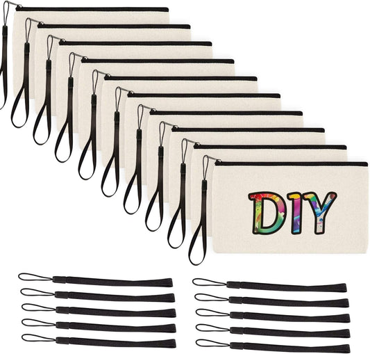 BYETIVE 8.1"×4.2" Canvas Zipper Bag Reusable Cotton Canvas Zipper Pouch Blank DIY Craft Canvas Bag Bulk for Painting Cosmetic Bag Makeup Toiletry Bag Case Pouches 10 pack