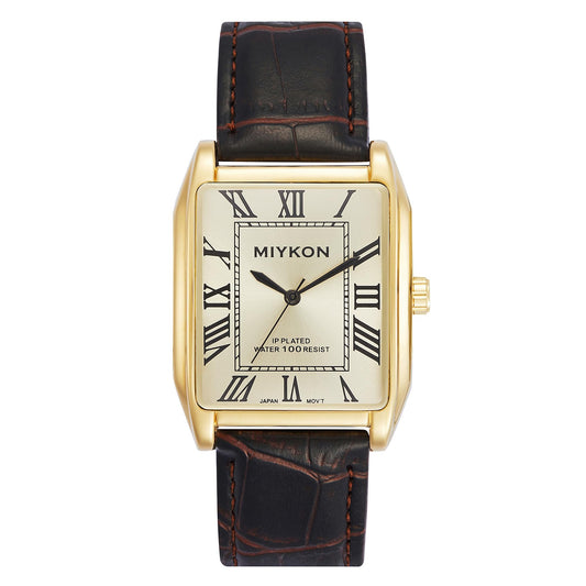 Miykon Vintage Watches for Men - Tank Square Gold Analog Watch with Brown Genuine Leather Wrist Strap for Classic Dress - Japanese Quartz, Waterproof to 100ft