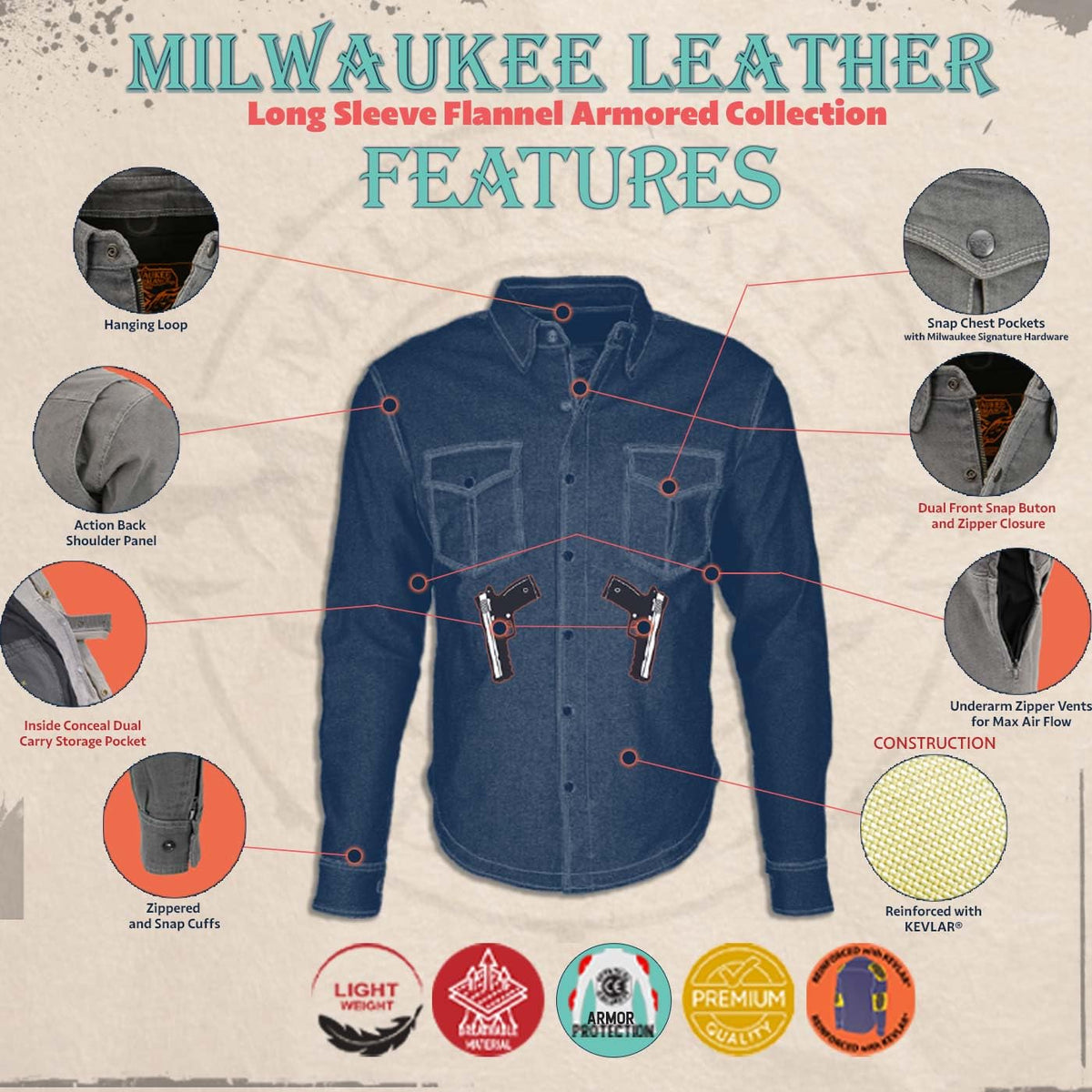 Milwaukee Leather Men’s Motorcycle Flannel Shirt - Aramid Fibers Reinforced Impact Zones w/CE Removable Armor - Large