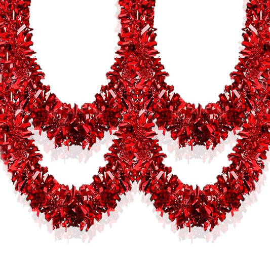 33Ft Christmas Tinsel Garland Shiny Thick Red Tinsel Decor Xmas Tree Decorations Metallic Twist Foil Garland for Birthday Thanksgiving Day New Year Parties Indoor Outdoor Party Supplies - Red
