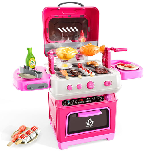 KIZONLY Kids BBQ Grill Playset Toy, 2-Layer Play Kitchen Toddlers Toys with Oven and Smoke, Cooking Toys for Kids Ages 4-8, Light and Sound, Barbecue Outdoor Grill Play Gift Toy for Toddler Girls 3-5