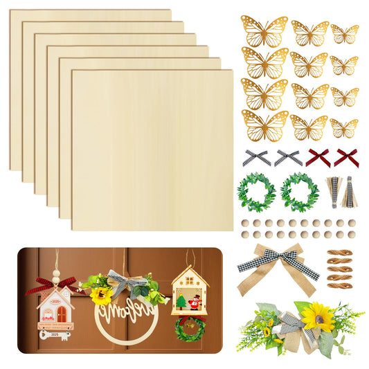 SNAIL GARDEN 6PCS Plywood Sheets with 37PCS DIY Wreath Making Kit, 12"x12" Craft Wood for Laser Cutting & Engraving, Includes Hemp Rope, Wood Beads, Bows for Home Decor Craft