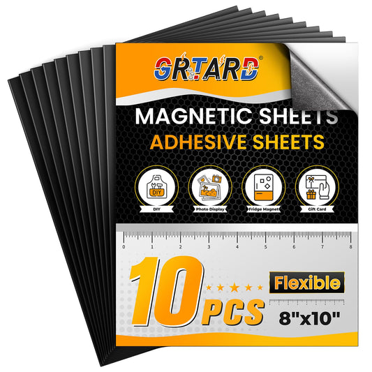 Grtard 8" x 10" Magnetic Sheets with Adhesive Backing, 10 Pack Flexible Magnet Sheets with Adhesive for Stickers, Strong Cuttable Magnetic Sheet for Crafts, Photos, DIY