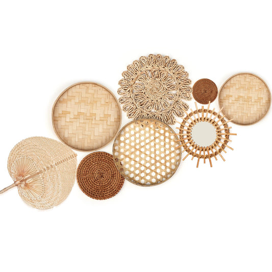 Unittype Wall Basket Decor Set of 8 Boho Wicker Wall Handmade Decor with Rattan Mirror Farmhouse Woven Hanging Basket for Bathroom Bedroom Living Room