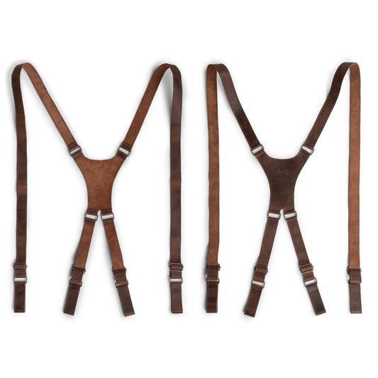 Hide & Groom, X Back Suspender with Belt Loops for Groomsmen, Formal Wear for Weddings, Full Grain Leather, Handmade (Bourbon Brown)