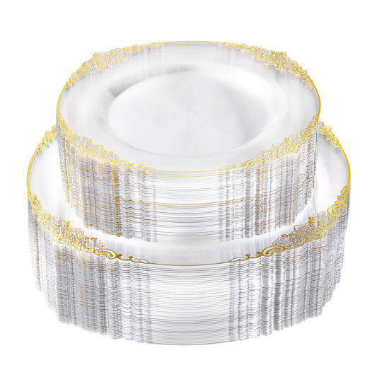 Bestluck 100 PCS Clear and Gold Plastic Plates for 50 Guests, Clear Disposable Plates Include 50 PCS Dinner Plates, 50 PCS Dessert Plates for Party, Wedding