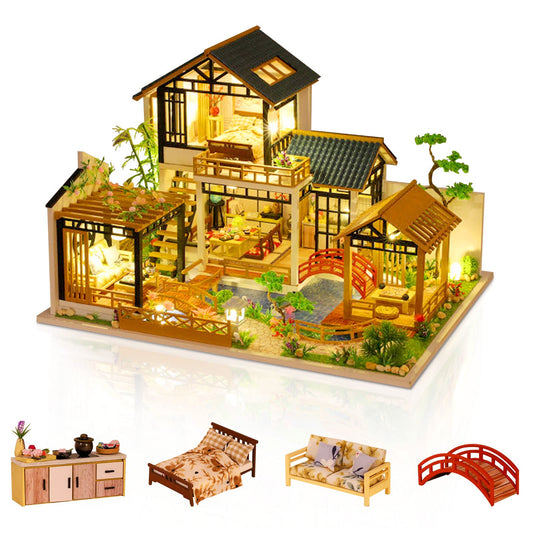 GuDoQi DIY Miniature Dollhouse Kit, Tiny House kit with Furniture, Miniature House Kit 1:24 Scale, Great Handmade Crafts Gift for Birthday Christmas Day, Villa with Courtyard