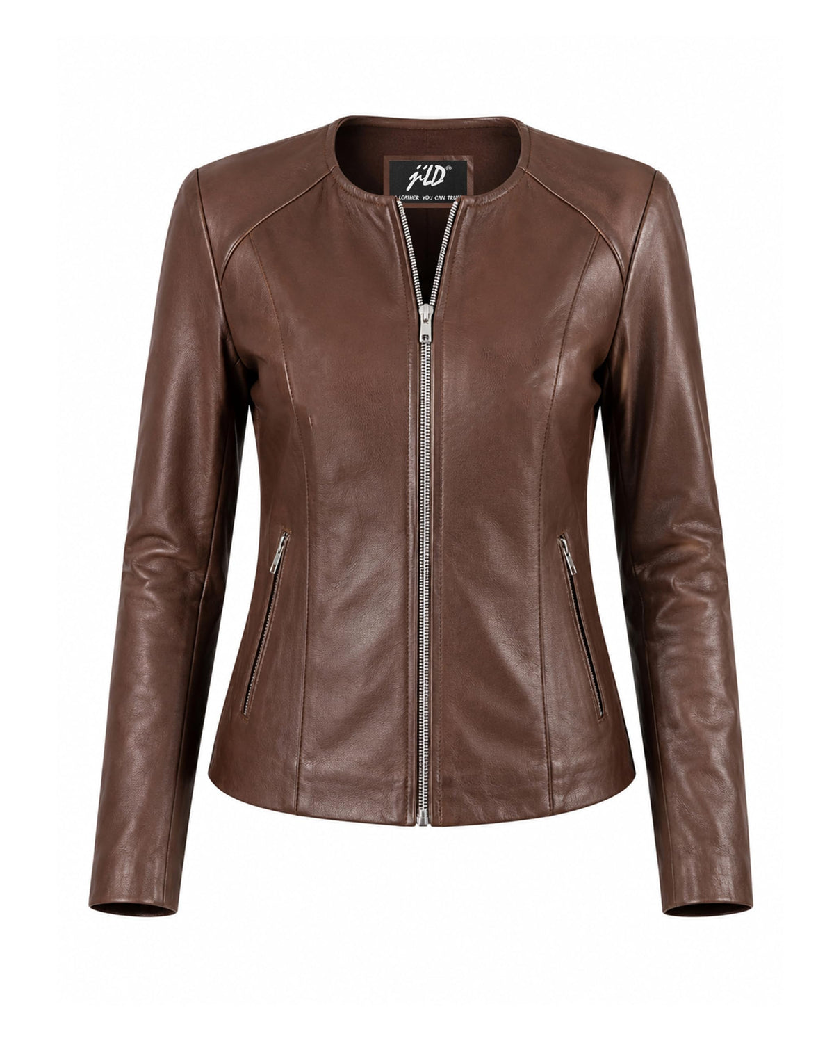 Jild Stylish Collarless Leather Jacket Women – Slim Fit Elegant Style Womens Lightweight Lambskin Leather Jacket (Bas.Wo-Cognac-4XL)
