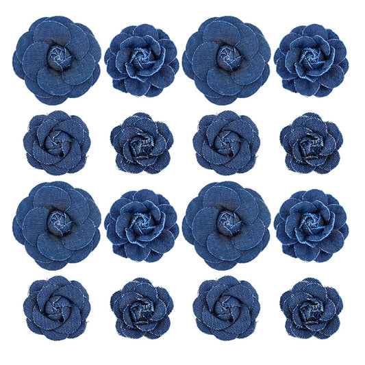 SUPERFINDINGS 16Pcs 4 Styles Marine Blue Denim Cloth Flowers Fabric Camelia Canvas Fabric Flower Flower Shaped Sewn Accessories for Clothes Decoration Jacket Skirt Coat Trim Brooch Crafts DIY