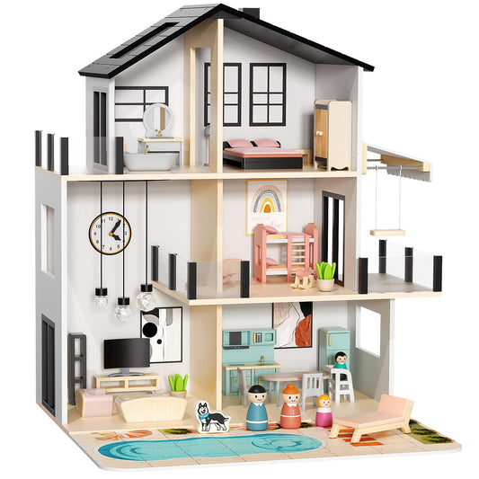 BIERUM Wooden Dollhouse, Large Modern Doll House with 44Pcs Furniture Accessories, Dolls & Pets, DIY Puzzle Pool Yard, Wood Dollhouse Toy for Toddlers 3+, Ideal Gift for Boys and Girls (Black)