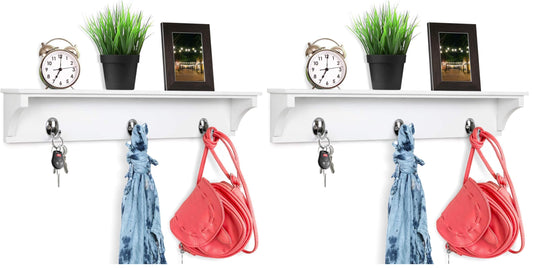 Greenco Entryway Wall Mounted Floating Shelf with Hooks, Hat and Coat Hanging Wooden Storage Shelf, 24” – White (Pack of 2)