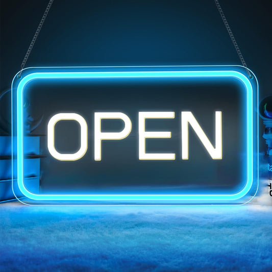 ROLANCHE Open Signs for Business Window, 16"x 9" Neon Open Sign, Bright COB Chip LED Open Sign with ON/OFF Switch & USB Plug, Ice Blue & White Open Light Up Sign for Wall, Shop, Hotel, Horizontal