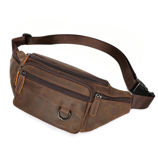 Genuine Leather Fanny Pack HandMade Durable cowhide Waist Bag Lots of Anti-theft zipper pocket Brown
