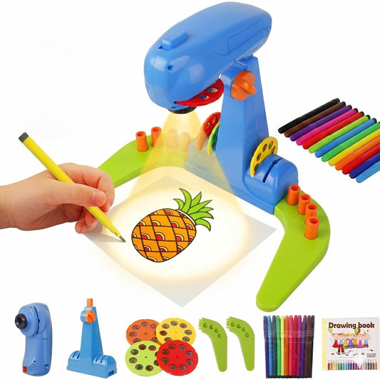 LEERFEI Drawing Projector for Kids–Adjustable Preschool Art Tracing Kit, 4 Discs (32 Diverse Cartoon Patterns), 12 Watercolor pens & 1 Paper Pad. Play-Based Learning Toy for Boys & Girls Ages 3+