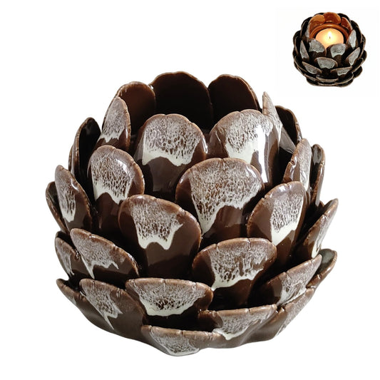 GANBEITEE Ceramic Candle Holder, Tealight Candle Stand, Handmade Pinecone Tea Light Holder for Home Decor Wedding Party (Coffee Colour