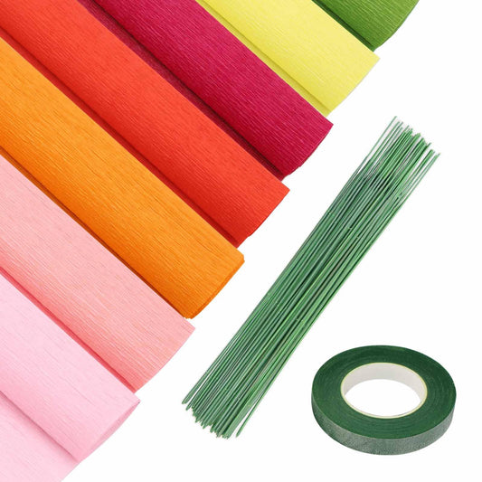 Crepe Paper Flower DIY Kits - 7 Rolls Rainbow Bright Colors Crepe Paper 2 Rolls Green Floral Tape and 50 Green Floral Iron Wire for Wedding Festival Party Wreath Making Supplies DIY Flower Crafts