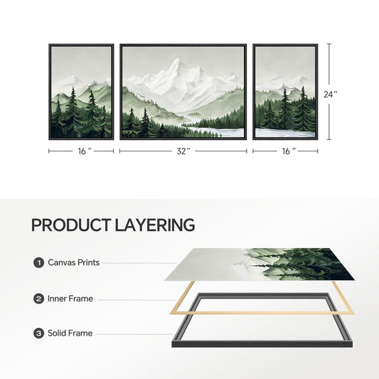 Framed Green Mountain Wall Art for Living Room, 3 Piece Forest Landscape Canvas Artworks, Large Modern Nature Scenery Painting Prints for Dining Room Hallway Home Office Wall Decor