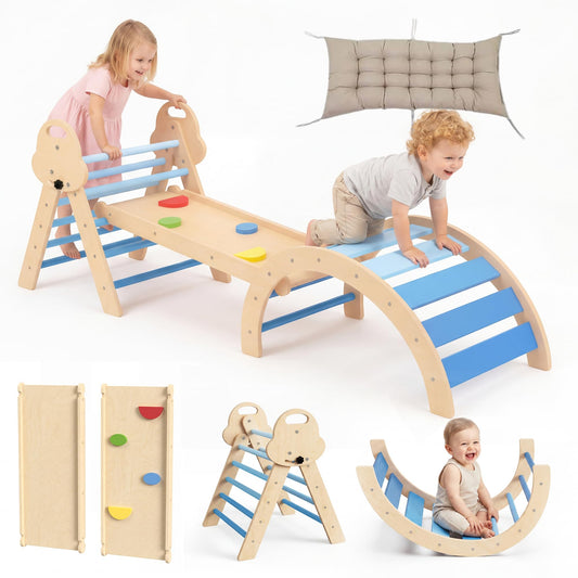 bbgroundgrm 8-in-1 Wooden Climbing Set for Toddlers with Cushion, Foldable Montessori Indoor Climber with Arch, Ramp and Triangle Ladder, Natural Wood Play Gym for Kids 1-3
