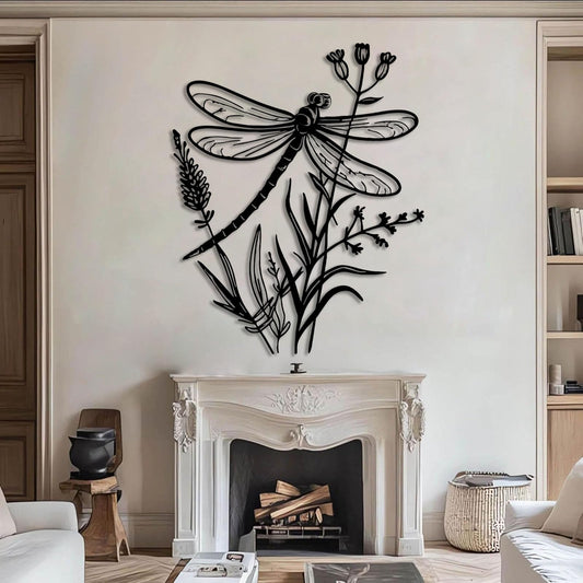 Dragonfly Metal Wall Art, Dragonfly and Flower Metal Wall Decor, Insects Wall Art, Large Dragonflies Wall Hanging, Wild Flower Wall Sculpture, Rustic Farmhouse Decorations (Black, 30"x24"/76x61cm)