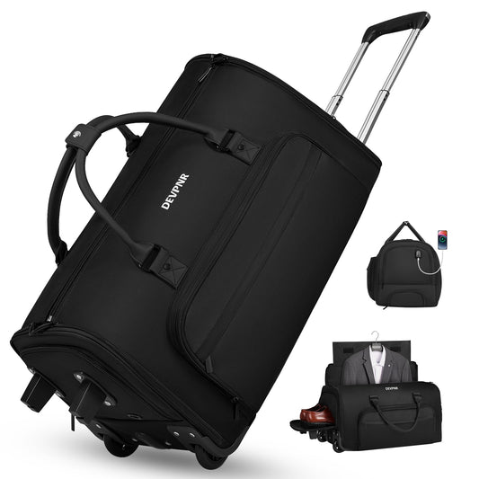 DEVPNR Rolling Garment Bags for Travel, 59L Rolling Duffle Bag with Wheels and Shoe Compartment for Men and Women, 3 in 1 Carry on Convertible Travel Garment Bag with Wheels, Black
