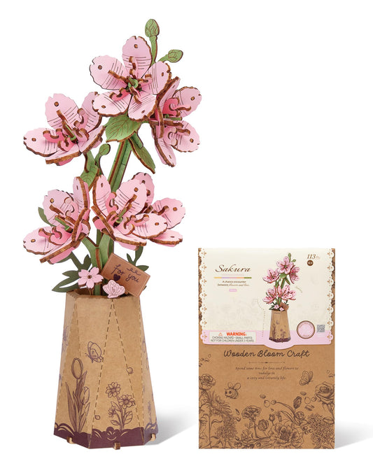 ROBOTIME 3D Puzzle Sakura TW101, DIY Wooden Flower Craft, Artificial Flowers Model Kit to Assemble for Adults, Home Decoration and Valentine's Day Toy Gift Set