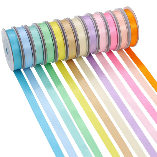 YERELO 12 Rolls Pastel Rainbow Ribbon 3/8" X 60 Yards Thin Double Face Satin Ribbon Assortment for Crafts, Wreath, Gift Wrapping, Birthday Baby Shower Party Decoration and DIY Handmade Hair Bows