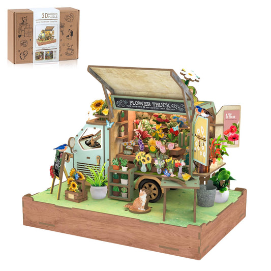 Rnfinewow DIY Miniature House Kit Flower Cart, DIY Miniature Dollhouse Kit with LED Light Music for Room Bookshelf Decor, Tiny House Crafts for Adults, Birthday for Men Women Teens