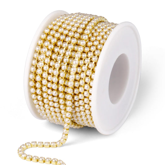 Pearl Trim Close Chain, [10 Yards/ 3.0MM] Gold Pearl Beaded Cup Chain Applique Trim for Sewing Crafts DIY Jewelry Making Clothing Wedding Party Decoration