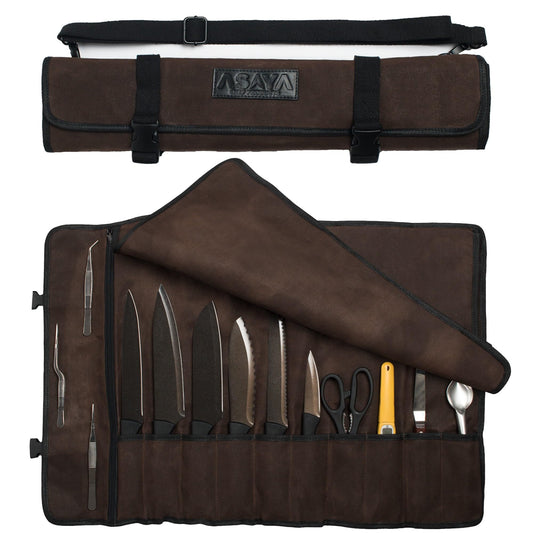 Asaya Waxed Canvas Chef Knife Roll Bag with 10 Slots and a Zipper Pocket - Professional Chef Knife Bag & Storage Case, with Shoulder Strap - Knives Not Included (Brown)