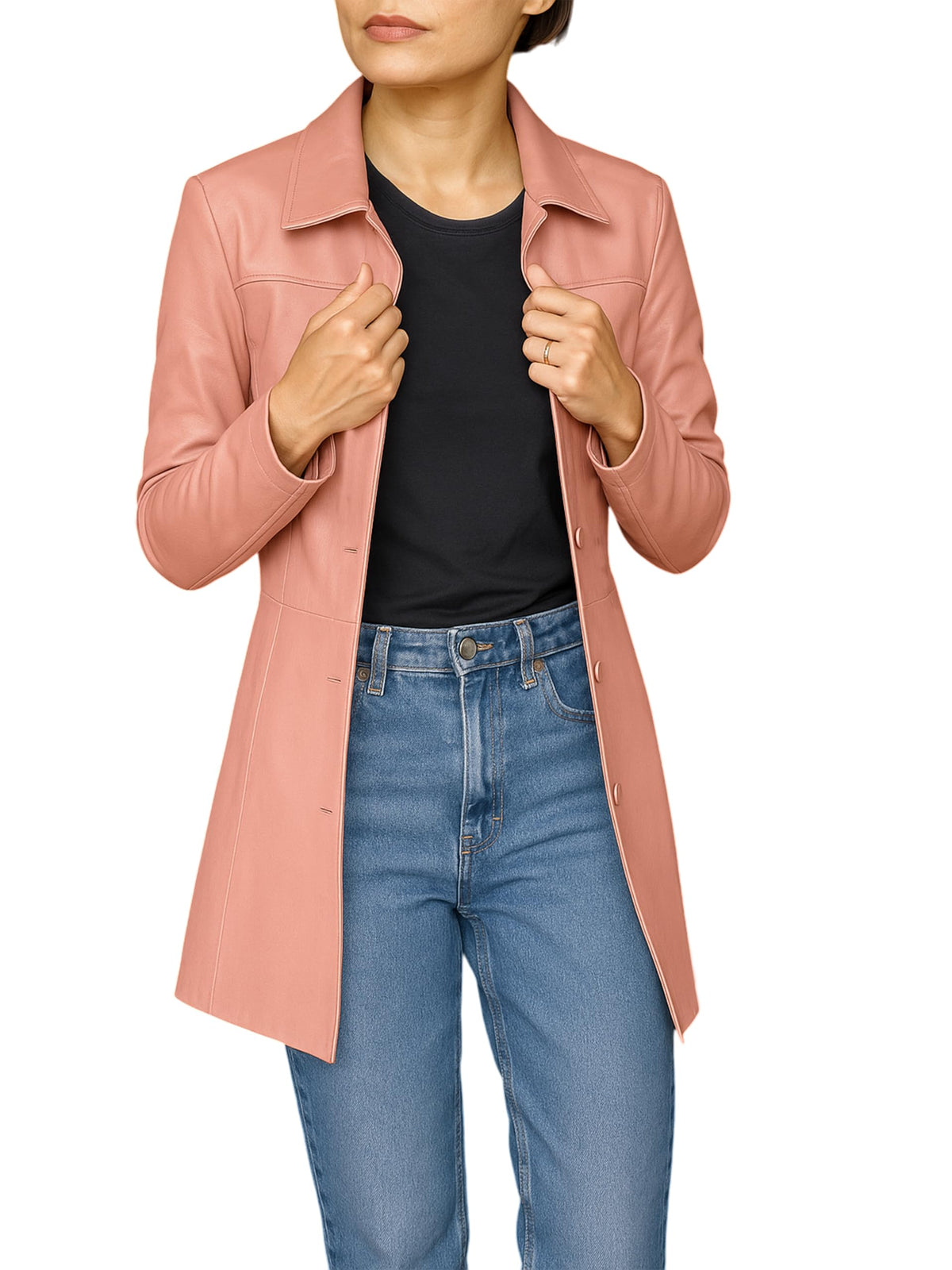 Jild Casual Car Coat Lambskin Leather Jacket Women – ¾ Length Blazer Overcoat Style Leather Long Coat Women (CCW-Pink-M)
