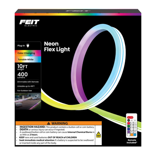 Feit Electric 10ft Outdoor Color & Tunable White Neon Flex Light, Dimmable, Bendable Strip with Remote Control, Chasing Effects, Plug-in, Linkable up to 20ft, Ideal for Decks & Patios, NF10/CHASE