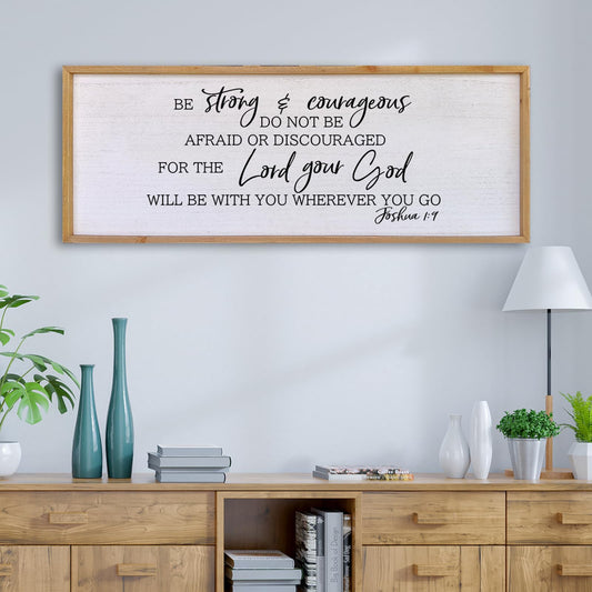 Be Strong And Courageous Sign Wall Decor 40"x15" Large Farmhouse Living Room Plaque Joshua 1:9 Bible Verse Inspirational Quote Positive Faith Home Hanging Rustic Catholic Scripture Christian Art (Wood)