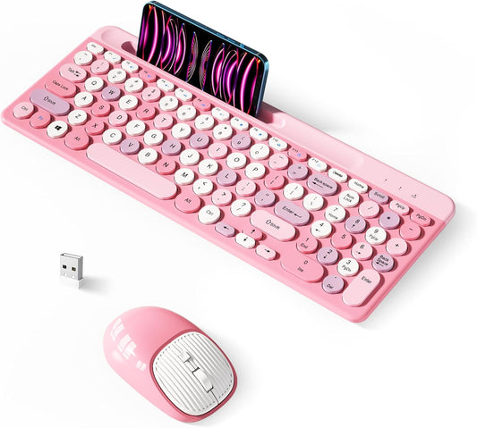XISOGUU 2.4GHz Retro Wireless Keyboard with Round Keycaps, Full-Size USB Cute Wireless Keyboard Mouse for Computer