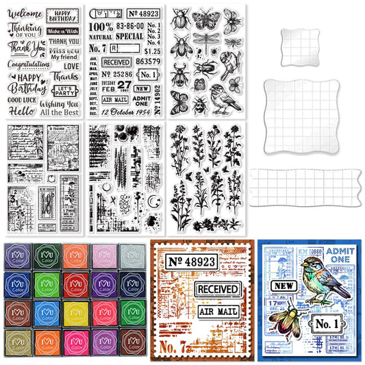 GLASSWINDS 29 Pcs Acrylic Stamps for Crafting Card Making Supplies Set Include 3 Acrylic Clear Stamp Blocks, 6 Clear Silicone Stamps Seals, 20 Craft Ink Pads Stamp for DIY Scrapbooking Journal
