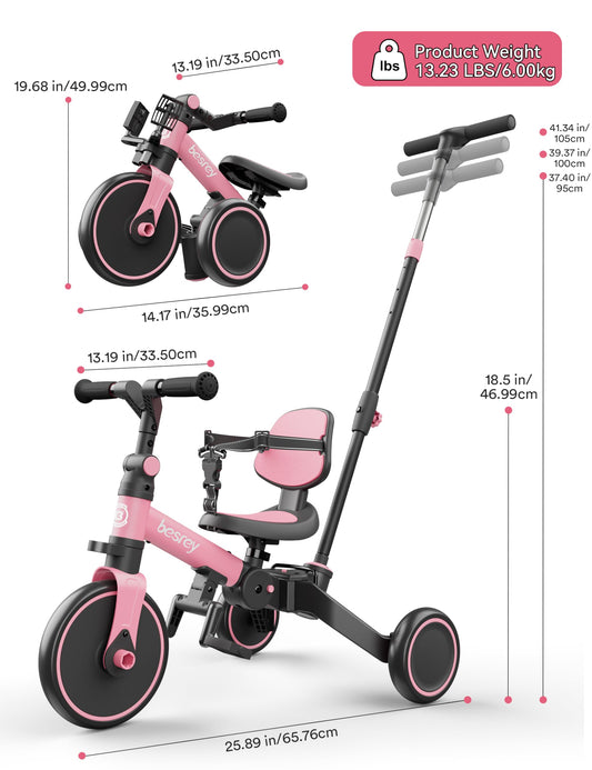 besrey 4 in 1 Toddler Bike, Toddler Tricycle for 1-3 Year Old, Trike with Push Handle, Backrest and Safety Belt, Birthday Gifts and Toys for Boys and Girls, Balance Bike