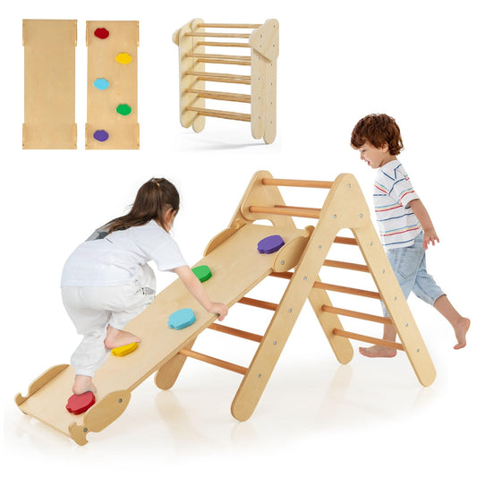OLAKIDS Pikler Triangle Set 3 in 1 Climbing Toys for Toddlers Wood Montessori Baby Jungle Gym with Ramp Ladder Slide Kids Indoor Playground Activity Play Structure