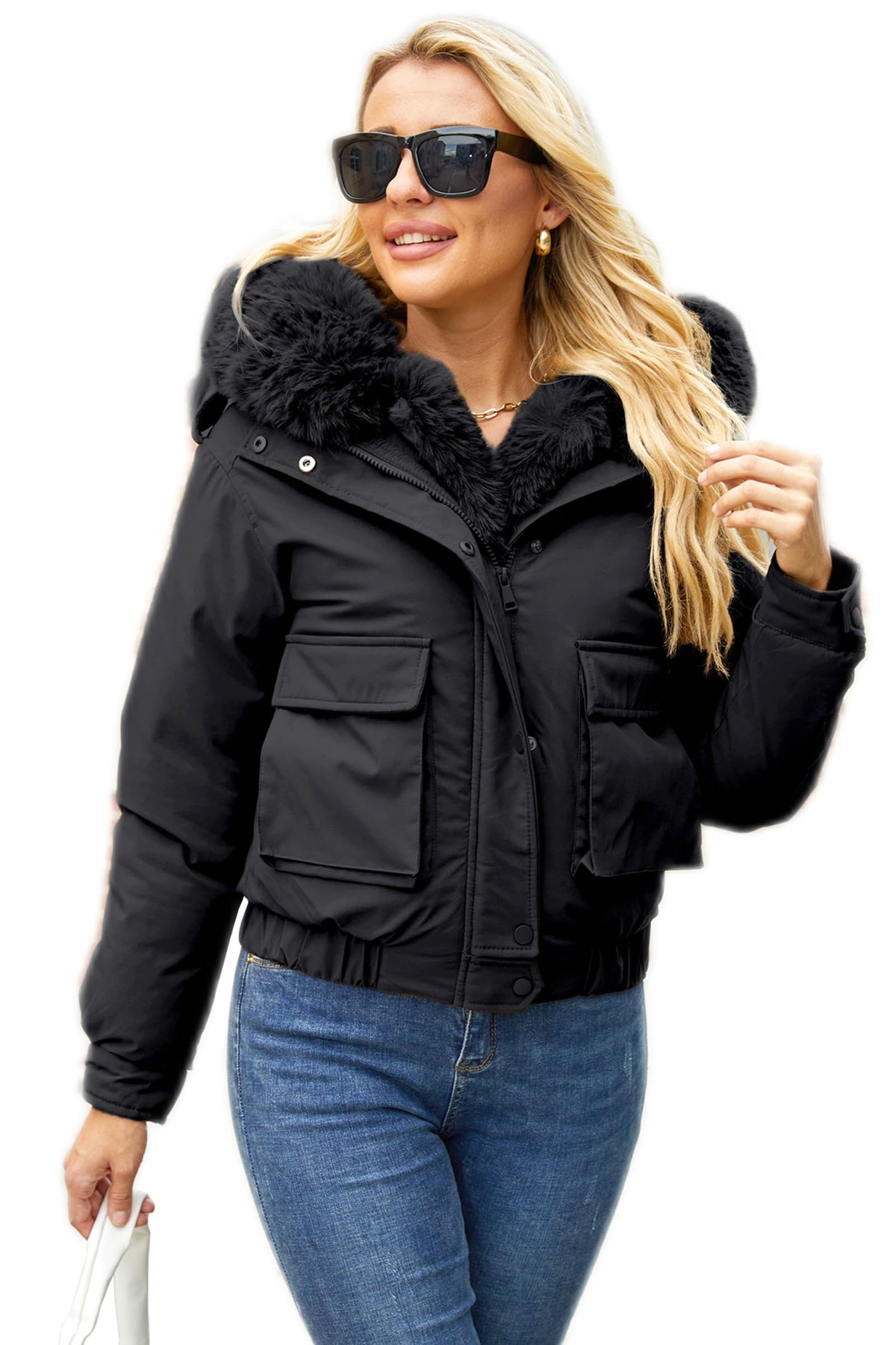 MODERN BUBBLE Women's Thickened Down Jacket with Detachable Fur Hood Winter Warm Parka Puffer Down Coat (US, Alpha, Large, Regular, Regular, Black)
