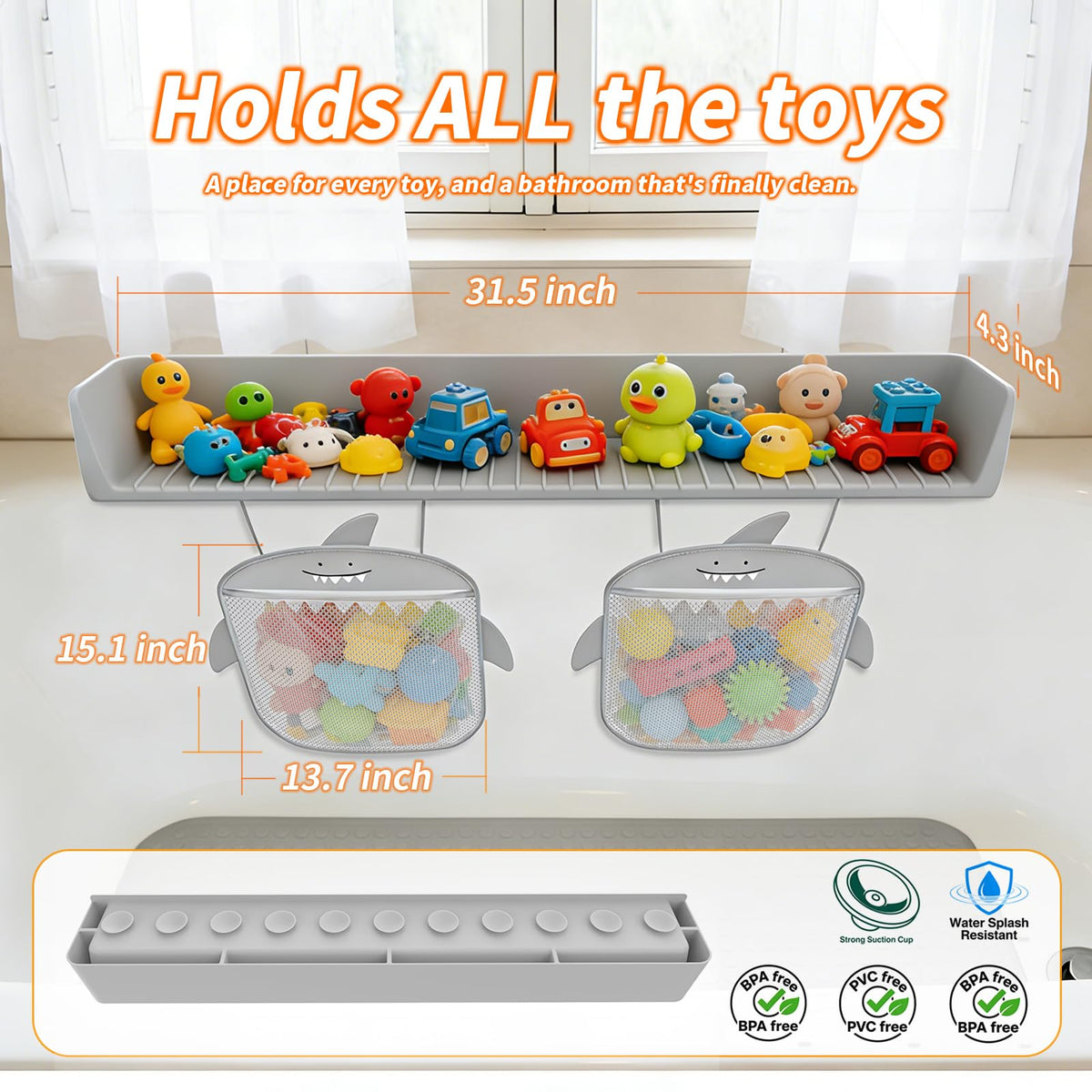 Grihmzo Extra-Long 31.5 Inch Bathtub Splash Guard for Kids,2 Storage Pockets Large Capacity Bath Toy Caddy Holder,Silicone Water Shield Prevent Bathroom Spills