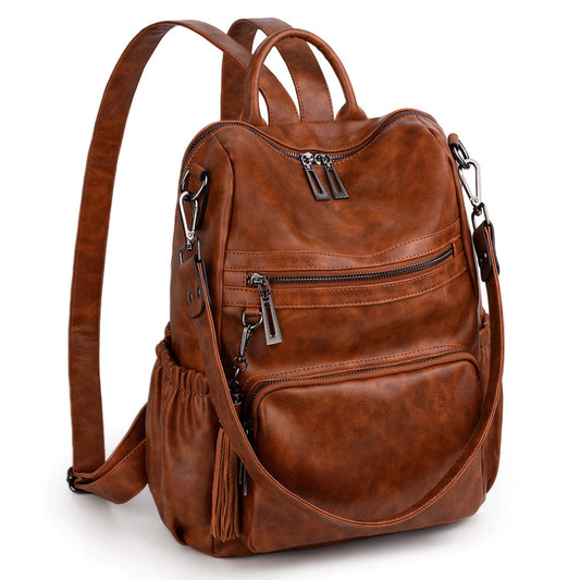 UTO Women Backpack Purse Oil Wax PU Leather Ladies Fashion Designer Rucksack Convertible Travel Shoulder Bag with Tassel Brown