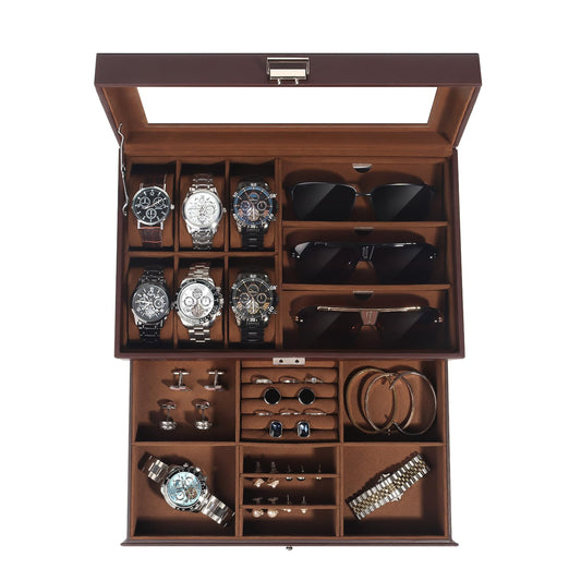 GLJ Jewelry Box for Men, 6 Slot Watch Box Jewelry Organizer With Drawer, Watch Case for Men with Large Window, 2-Layer Watch Holder, Sunglasses Storage Organizer, Velvet Lining, Fathers Day Gift
