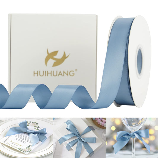 HUIHUANG Dusty Blue Satin Ribbon 50 Yards Double Faced Satin Ribbon 1 inch Blue Silk Ribbons for Gift Wrapping Bows Crafts Bridal Floral Bouquet Cake Wedding Invitation Card Birthday Party Decor