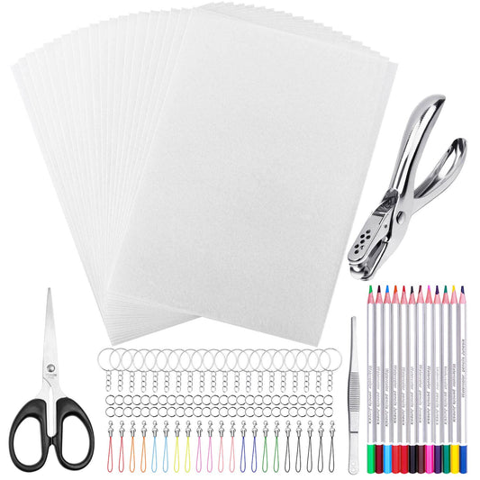 shynek Shrinky Plastic Sheets Keychain Kit, 125Pcs Shrinky Art Kit Including 20 Pcs Shrinky Paper Sheets, Hole Punch, Pencils, Keychains, Tweezers, Scissors for Crafts and Keychains