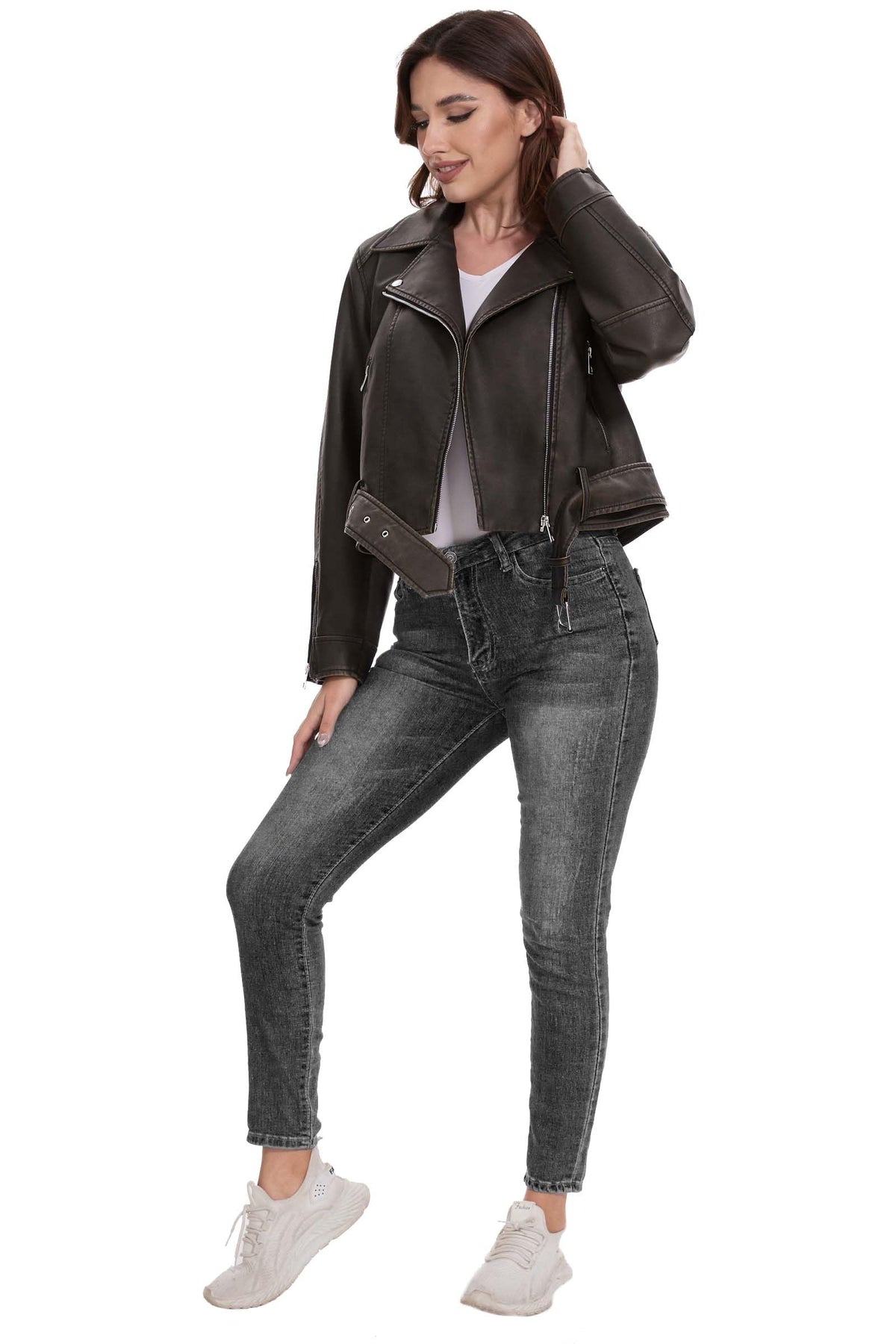 Fahsyee Women's Faux Leather Jacket, Moto Belted Biker Coat, Black XXL