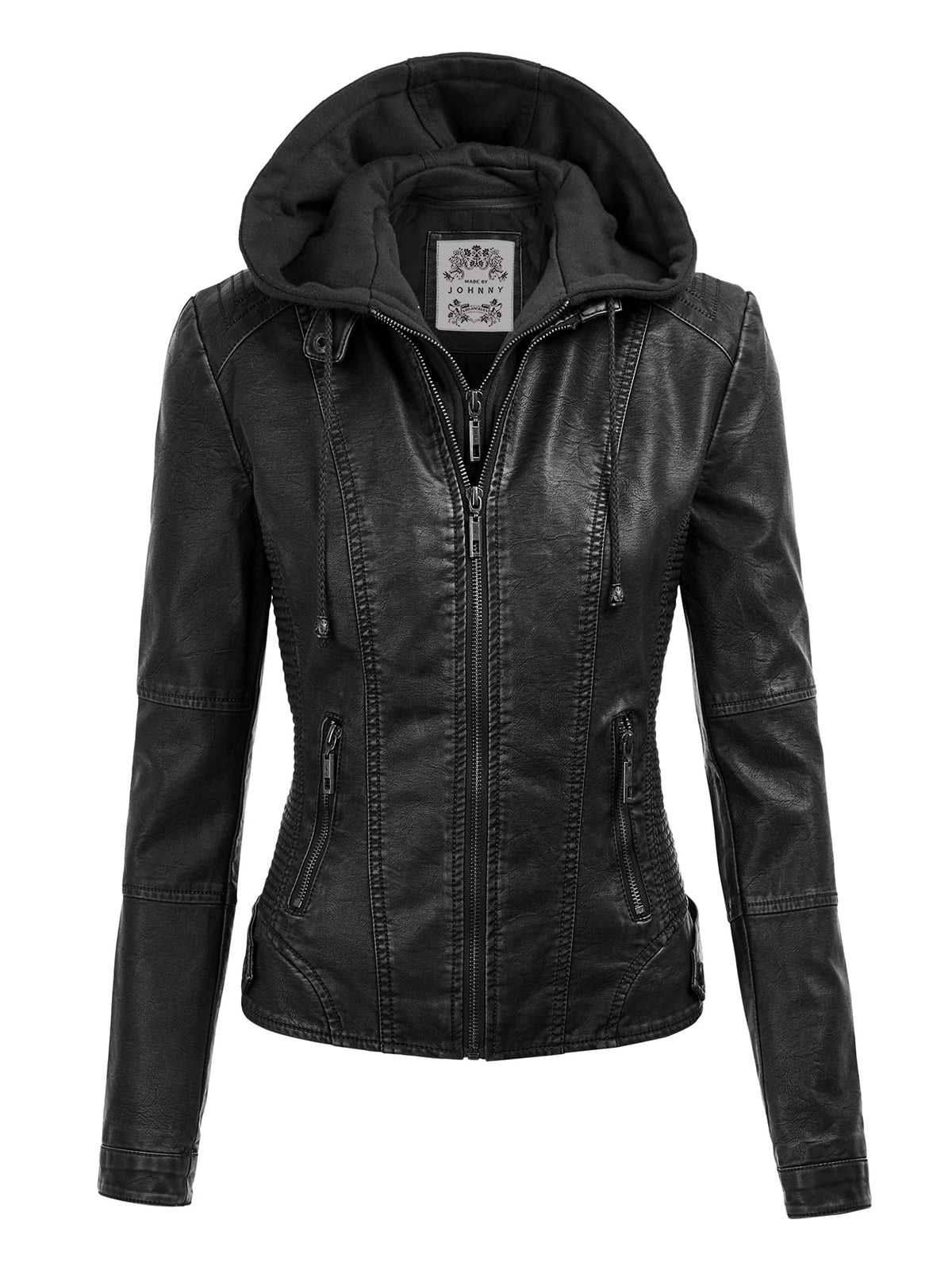 Made By Johnny MBJ WJC1044 Womens Faux Leather Quilted Motorcycle Jacket with Hoodie M Black