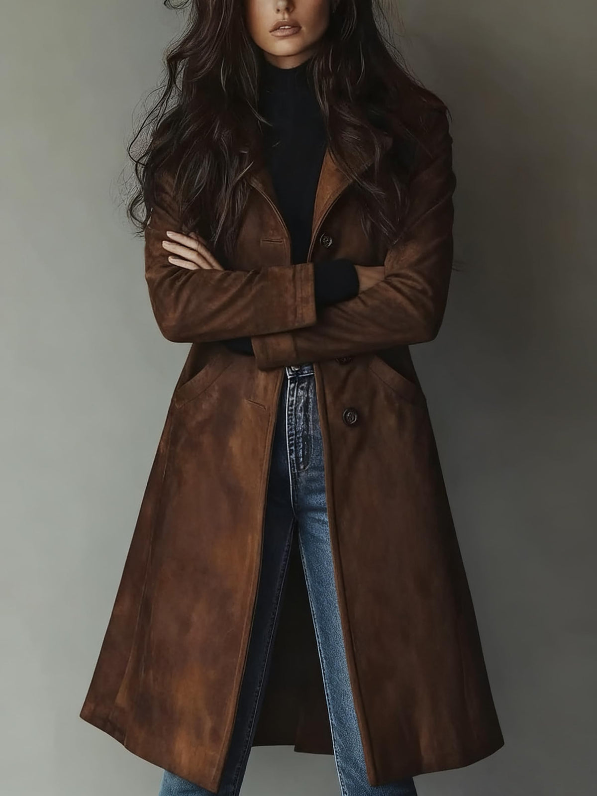 chouyatou Women's Fall Faux Suede Leather Trench Coat Casual Lapel Midi Long Dressy Blazer Jacket Coat with Pockets (X-Small, Coffee Brown)