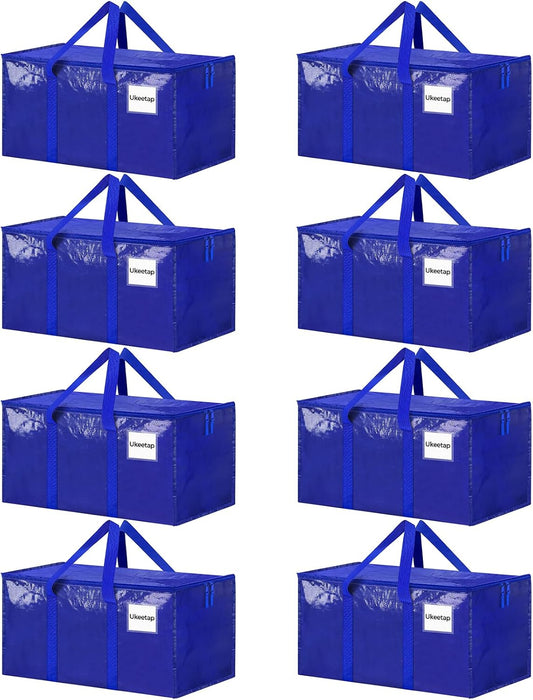 Skiennix Extra Large Heavy-Duty Moving Bags - 8 Pack with Reinforced Handles & Zippers | Blue Storage Totes for Clothes & College Supplies