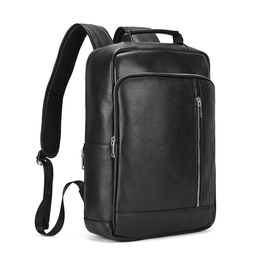 Yevabo Genuine Leather 15.6 Inch Laptop Backpack for Men, Multi Pocket Slim Daypack Shoulder Bag with Trolley Sleeve for Business Travel (Black)