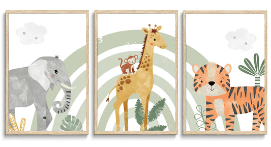 3Pcs Safari Animals Canvas Wall Art elephant tiger giraffe Posters Prints Bohemian Rainbow elements Paintings Pictures wall decor for Nursery Baby Bedroom Decorations Unframed