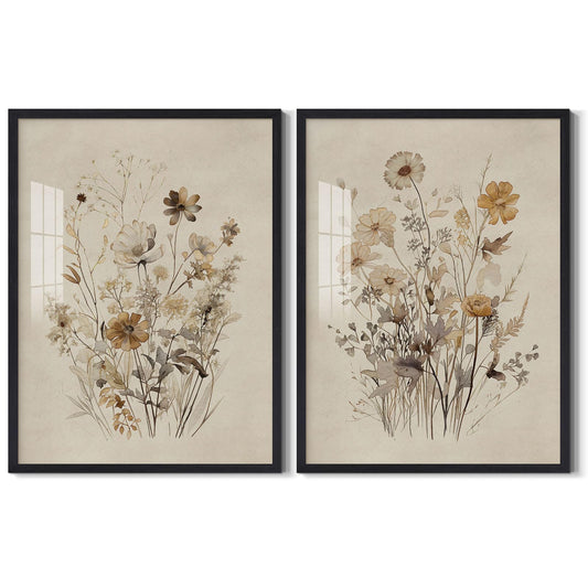 Vintage Wildflower Canvas Wall Art Watercolor Floral Botanical Art Prints Neutral Flowers Picture Minimalist Bouquet Wall Decor Framed for Girls Room Bedroom Farmhouse Office Decoration, 12"x16"x2Pcs
